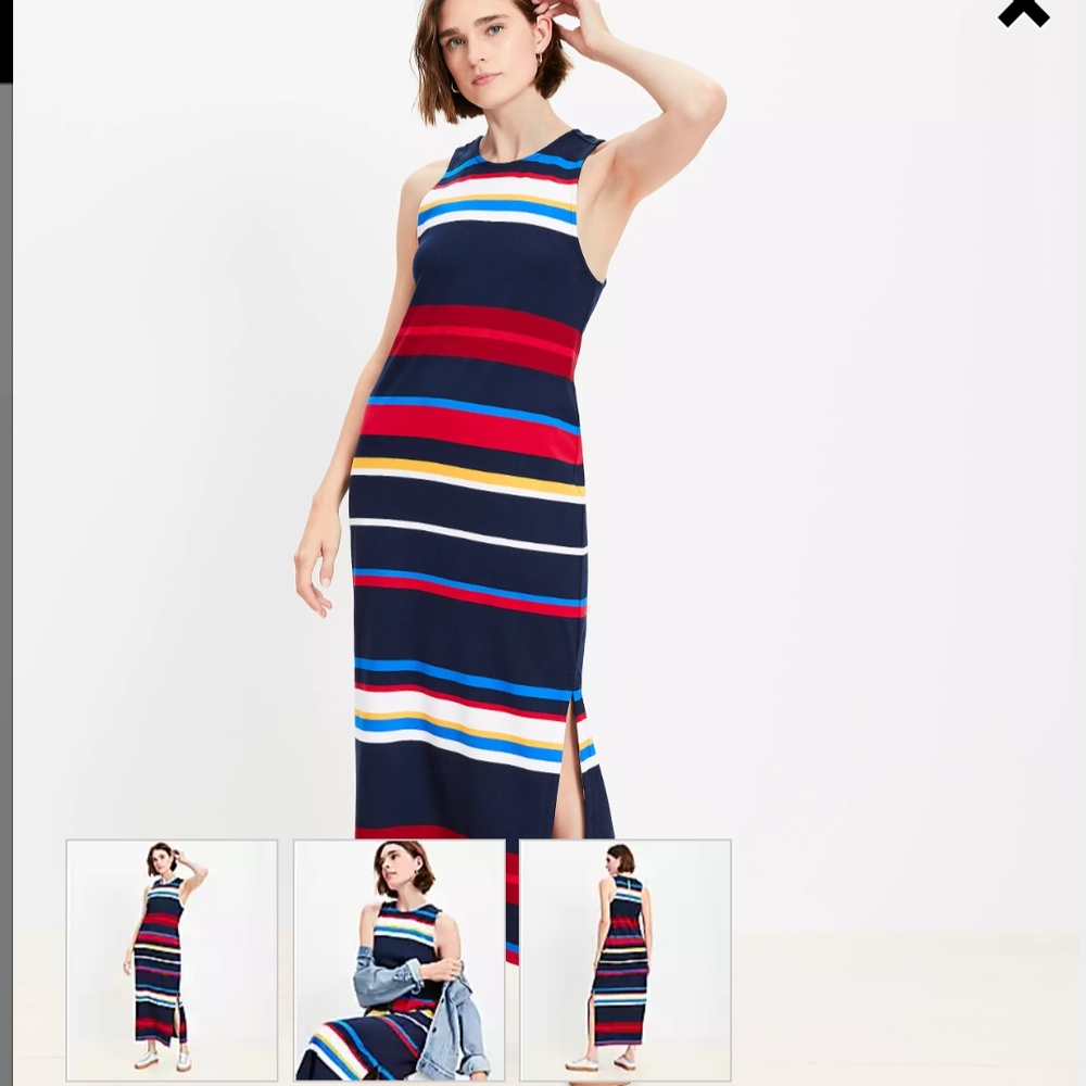 LOFT Navy Multicolor Striped Maxi Dress